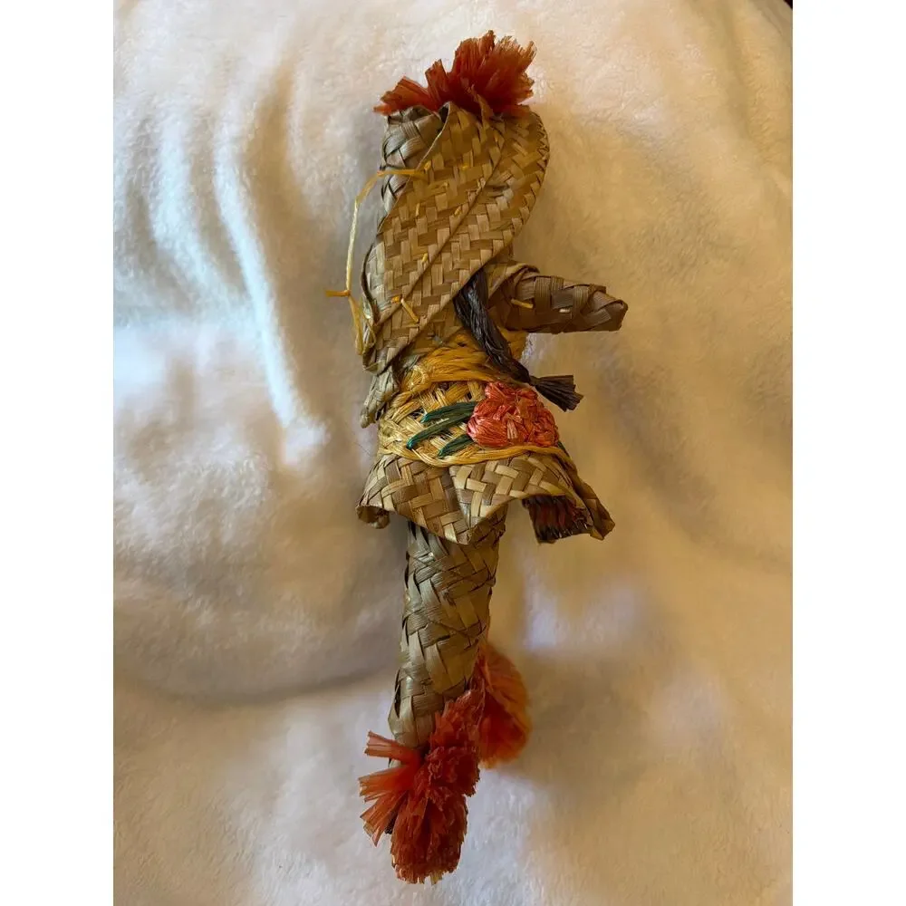 Vintage Handwove Straw Girl Doll Folk Art Raffia Woven Figure Floral Skirt Decor